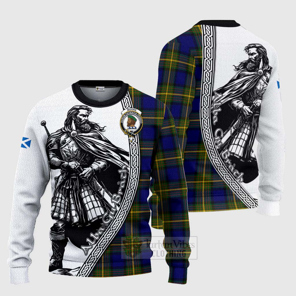 Tartan Vibes Clothing Moore Tartan Clan Crest Knitted Sweater with Highlander Warrior Celtic Style