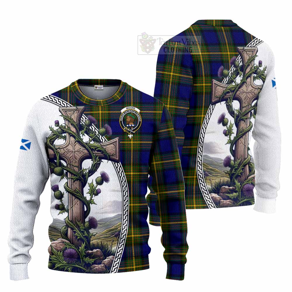 Tartan Vibes Clothing Moore Tartan Knitted Sweater with Family Crest and St. Andrew's Cross Accented by Thistle Vines