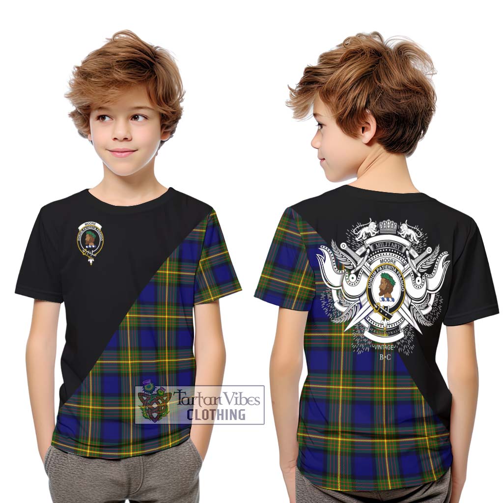 Tartan Vibes Clothing Moore Tartan Kid T-Shirt with Family Crest and Military Logo Style