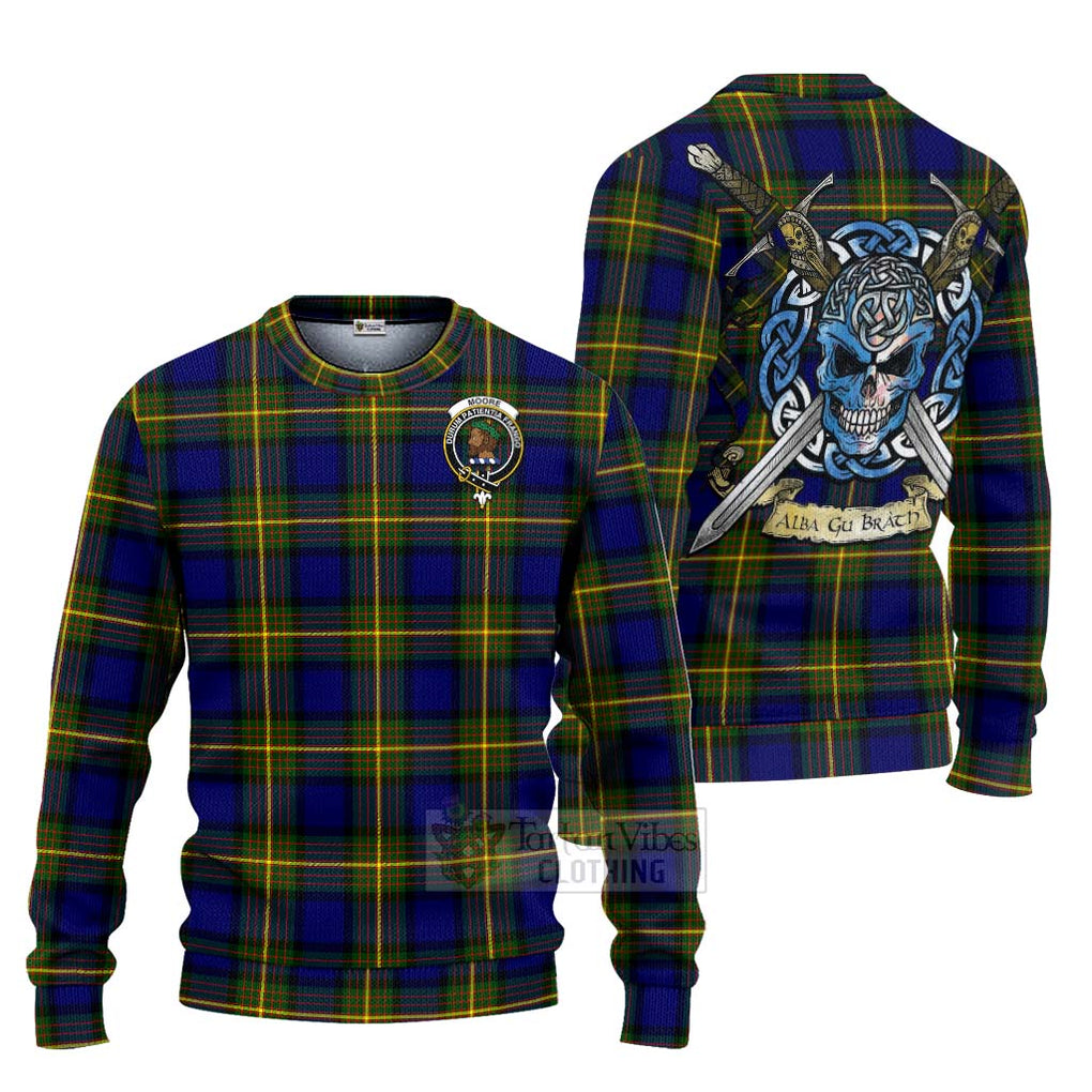 Tartan Vibes Clothing Moore Tartan Knitted Sweater with Family Crest Celtic Skull Style