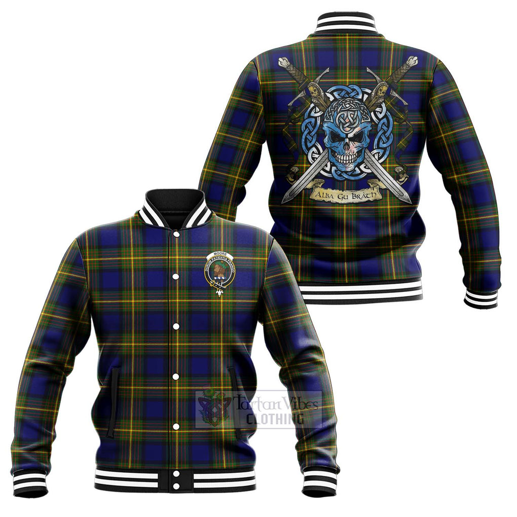 Tartan Vibes Clothing Moore Tartan Baseball Jacket with Family Crest Celtic Skull Style