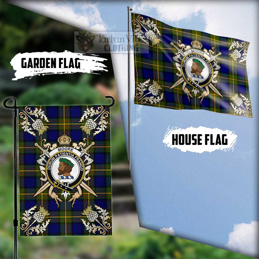 Tartan Vibes Clothing Moore Tartan Flag with Family Crest and Golden Thistle Crossed Sword Design