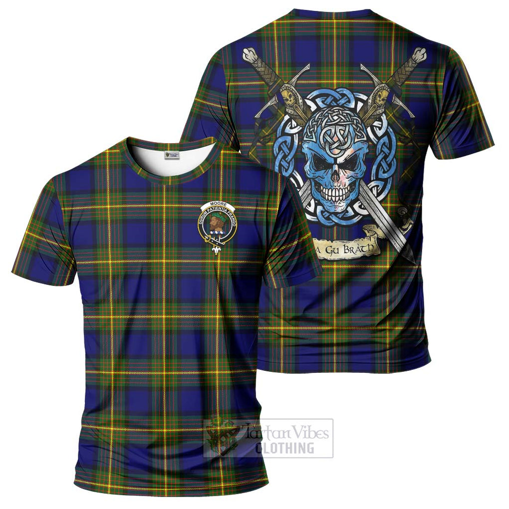 Tartan Vibes Clothing Moore Tartan T-Shirt with Family Crest Celtic Skull Style