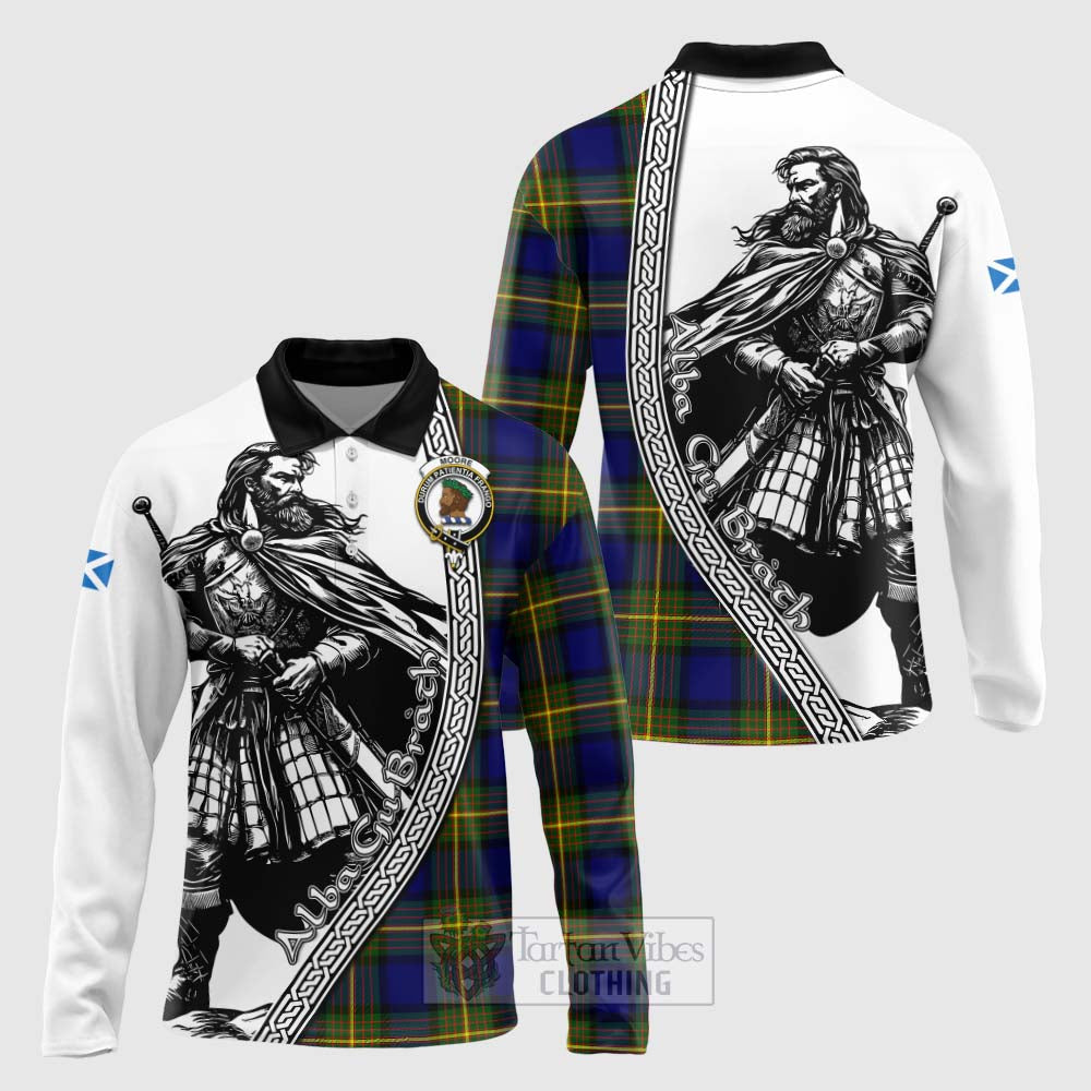 Tartan Vibes Clothing Moore Tartan Clan Crest Long Sleeve Polo Shirt with Highlander Warrior Celtic Style