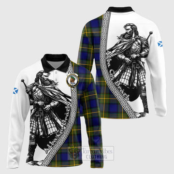 Moore Tartan Clan Crest Long Sleeve Polo Shirt with Highlander Warrior Celtic Style