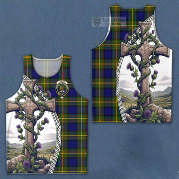 Moore Tartan Men's Tank Top with Family Crest and St. Andrew's Cross Accented by Thistle Vines