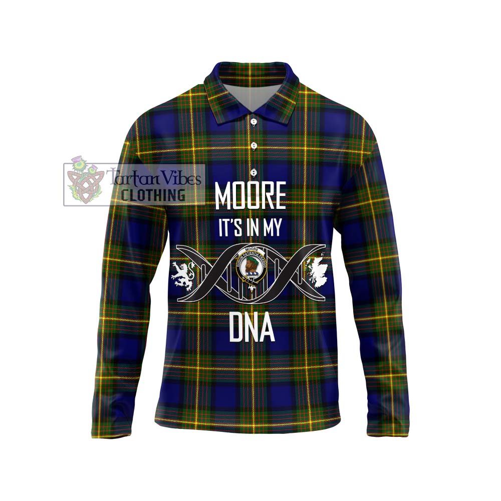 Tartan Vibes Clothing Moore Tartan Long Sleeve Polo Shirt with Family Crest DNA In Me Style