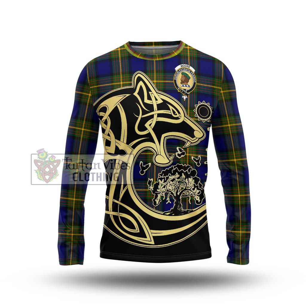 Tartan Vibes Clothing Moore Tartan Long Sleeve T-Shirt with Family Crest Celtic Wolf Style