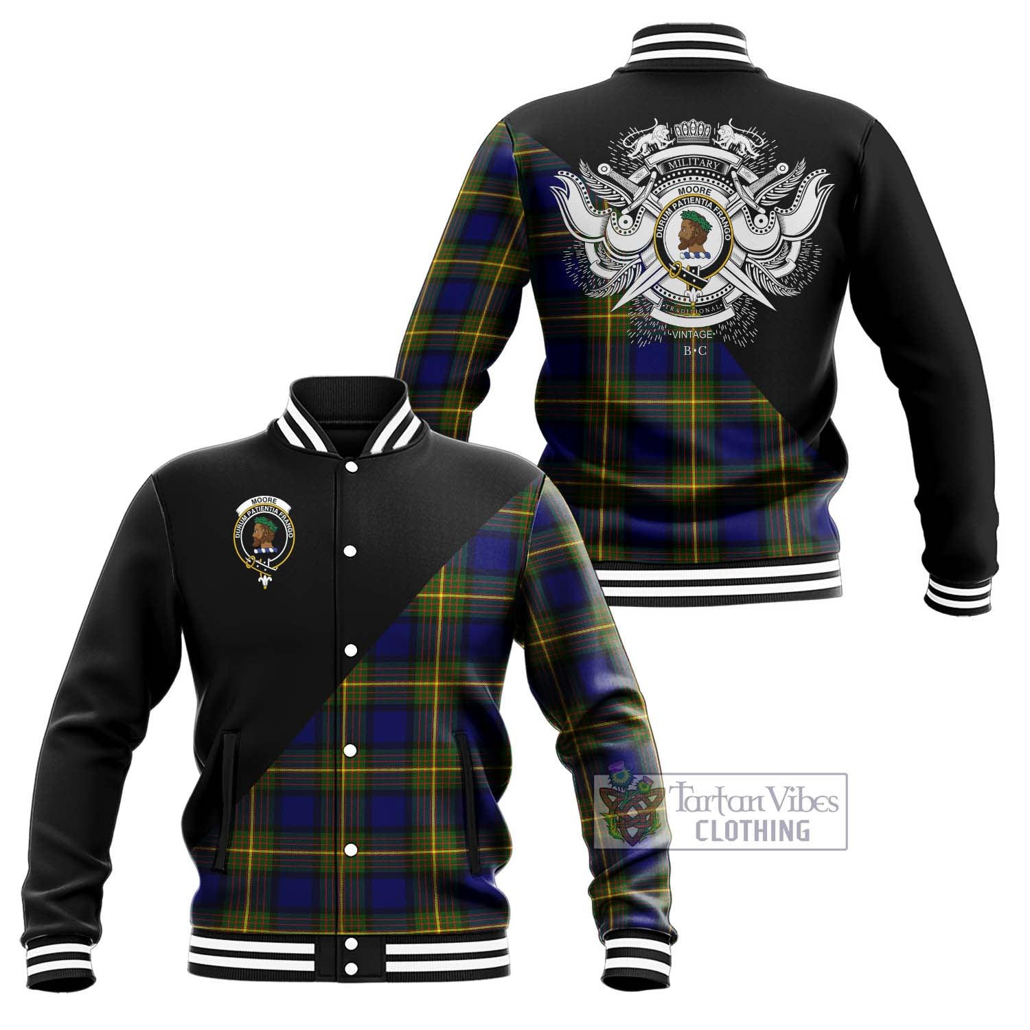 Tartan Vibes Clothing Moore Tartan Baseball Jacket with Family Crest and Military Logo Style