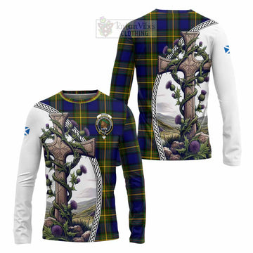 Moore Tartan Long Sleeve T-Shirt with Family Crest and St. Andrew's Cross Accented by Thistle Vines Unisex - Tartan Vibes Clothing