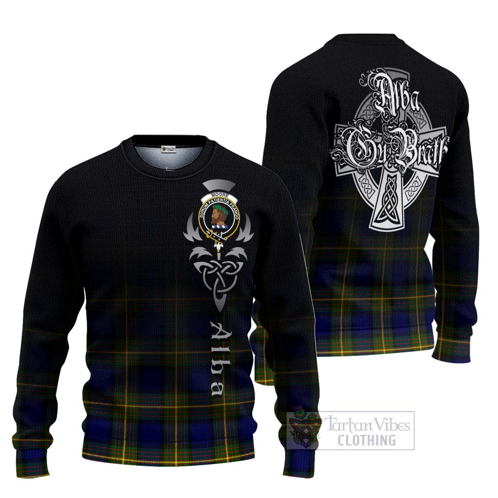 Tartan Vibes Clothing Moore Tartan Knitted Sweater Featuring Alba Gu Brath Family Crest Celtic Inspired