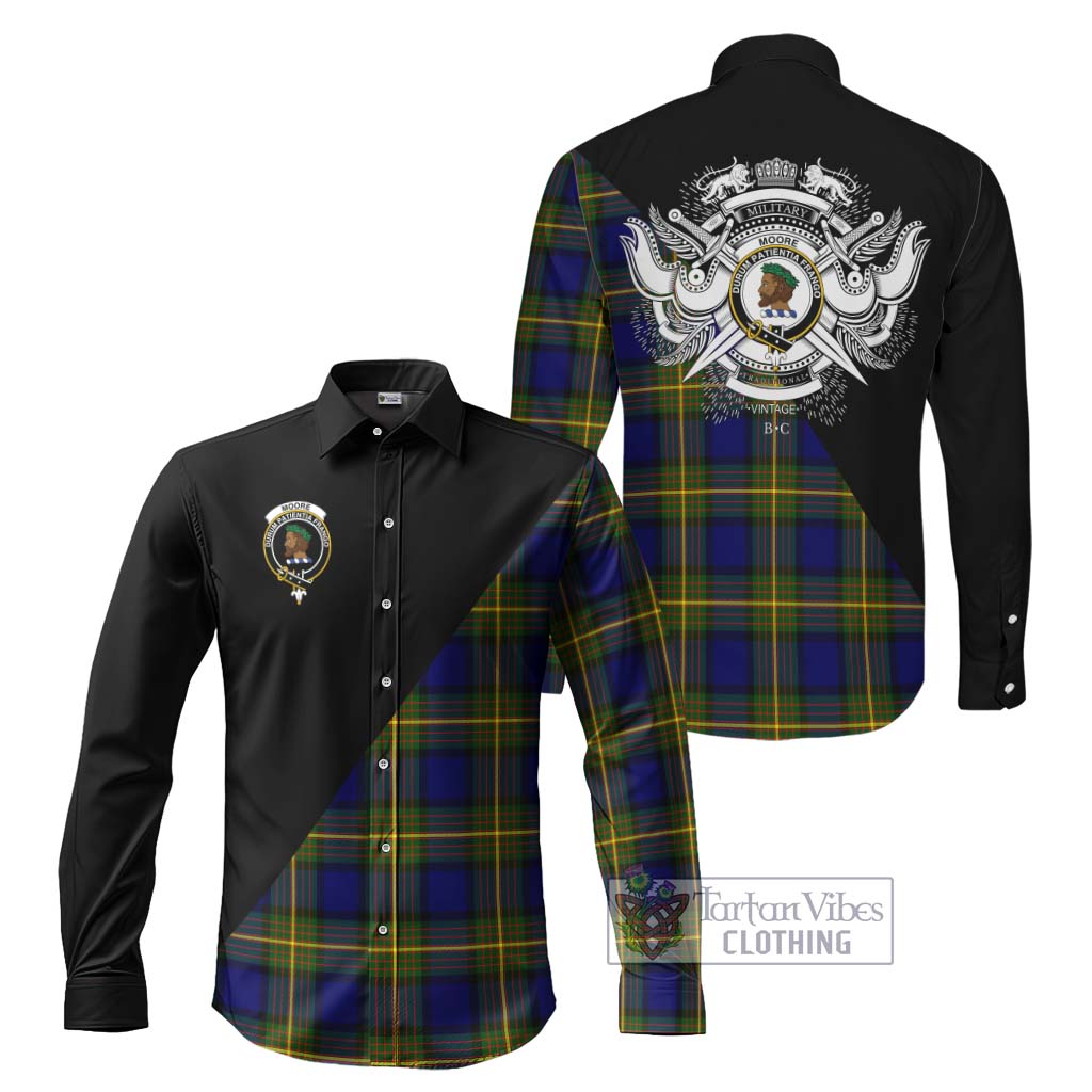 Tartan Vibes Clothing Moore Tartan Long Sleeve Button Shirt with Family Crest and Military Logo Style