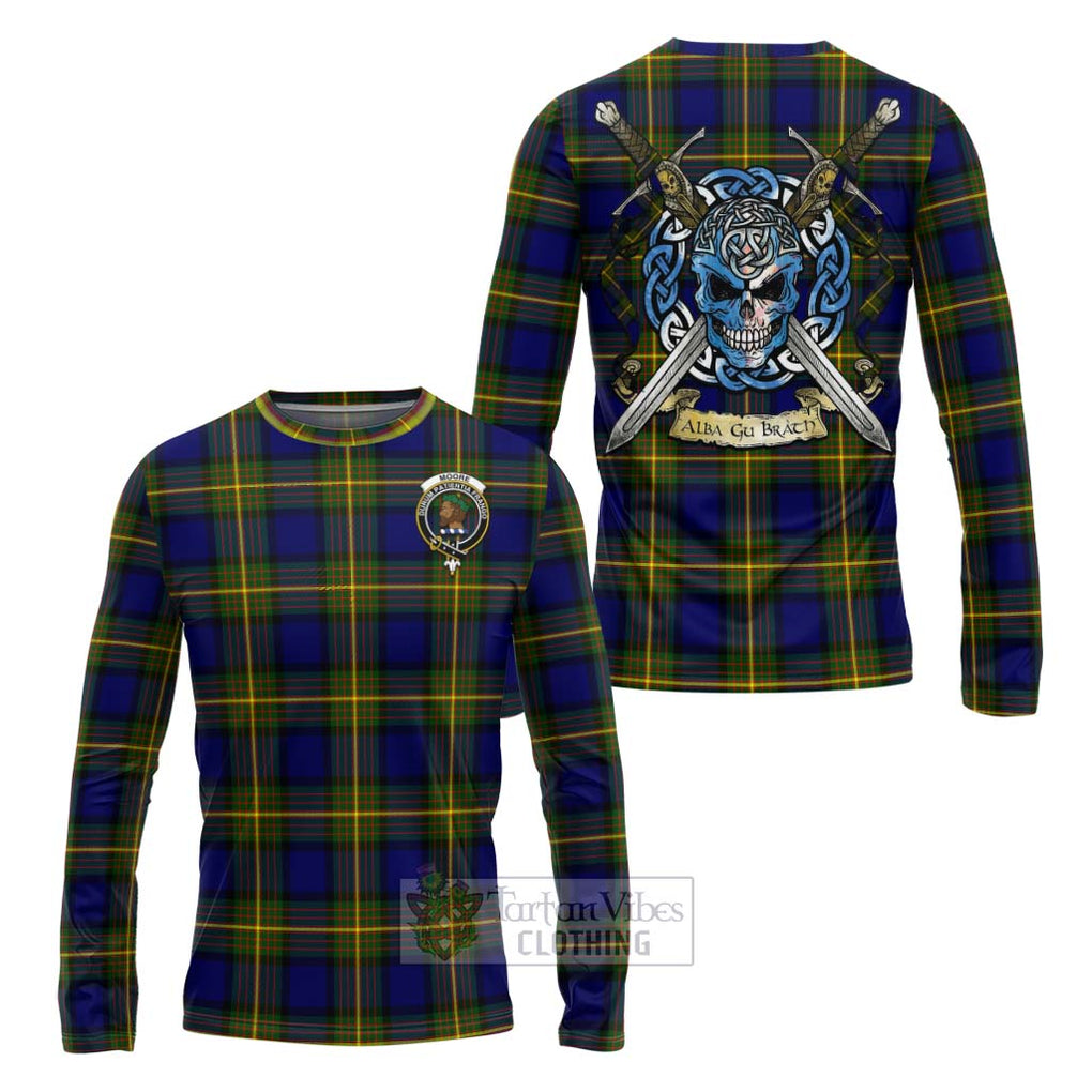 Tartan Vibes Clothing Moore Tartan Long Sleeve T-Shirt with Family Crest Celtic Skull Style