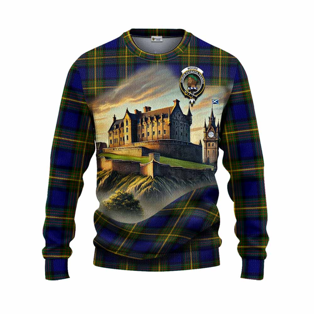 Moore Tartan Family Crest Knitted Sweater with Scottish Ancient Castle Style Unisex - Tartan Vibes Clothing