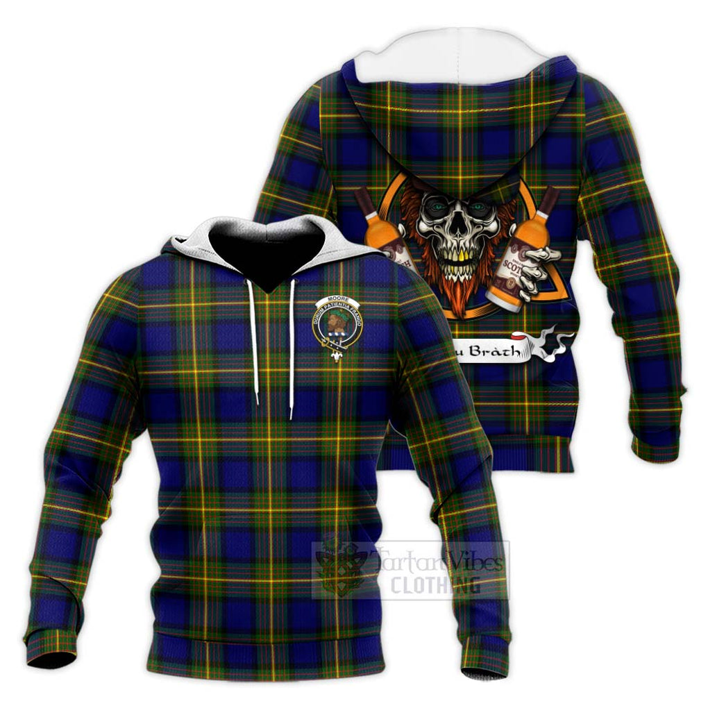 Tartan Vibes Clothing Moore Tartan Knitted Hoodie with Family Crest and Bearded Skull Holding Bottles of Whiskey