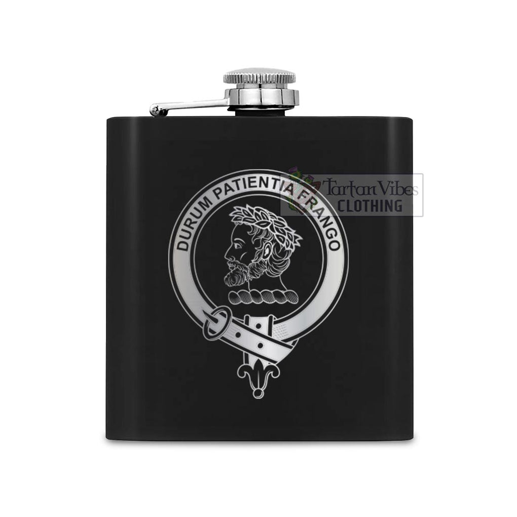 Tartan Vibes Clothing Moore Crest Hip Flask Set 7oz Black Stainless Steel with A Gift Box