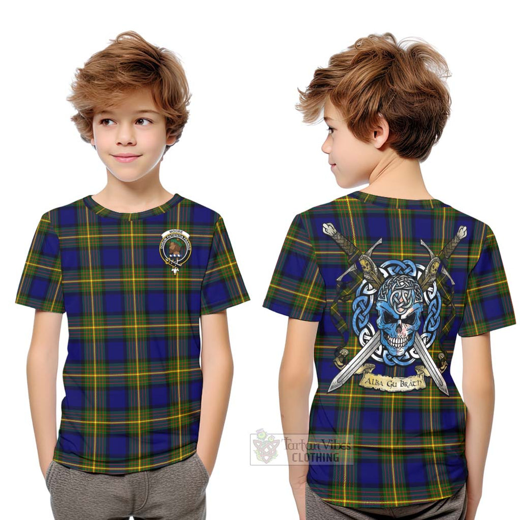 Tartan Vibes Clothing Moore Tartan Kid T-Shirt with Family Crest Celtic Skull Style