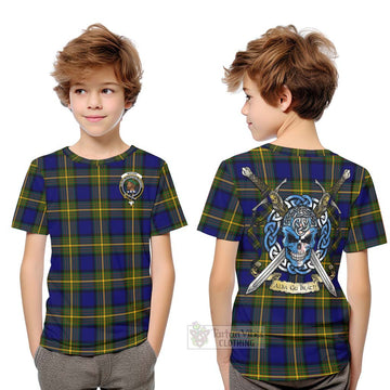 Moore Tartan Kid T-Shirt with Family Crest Celtic Skull Style