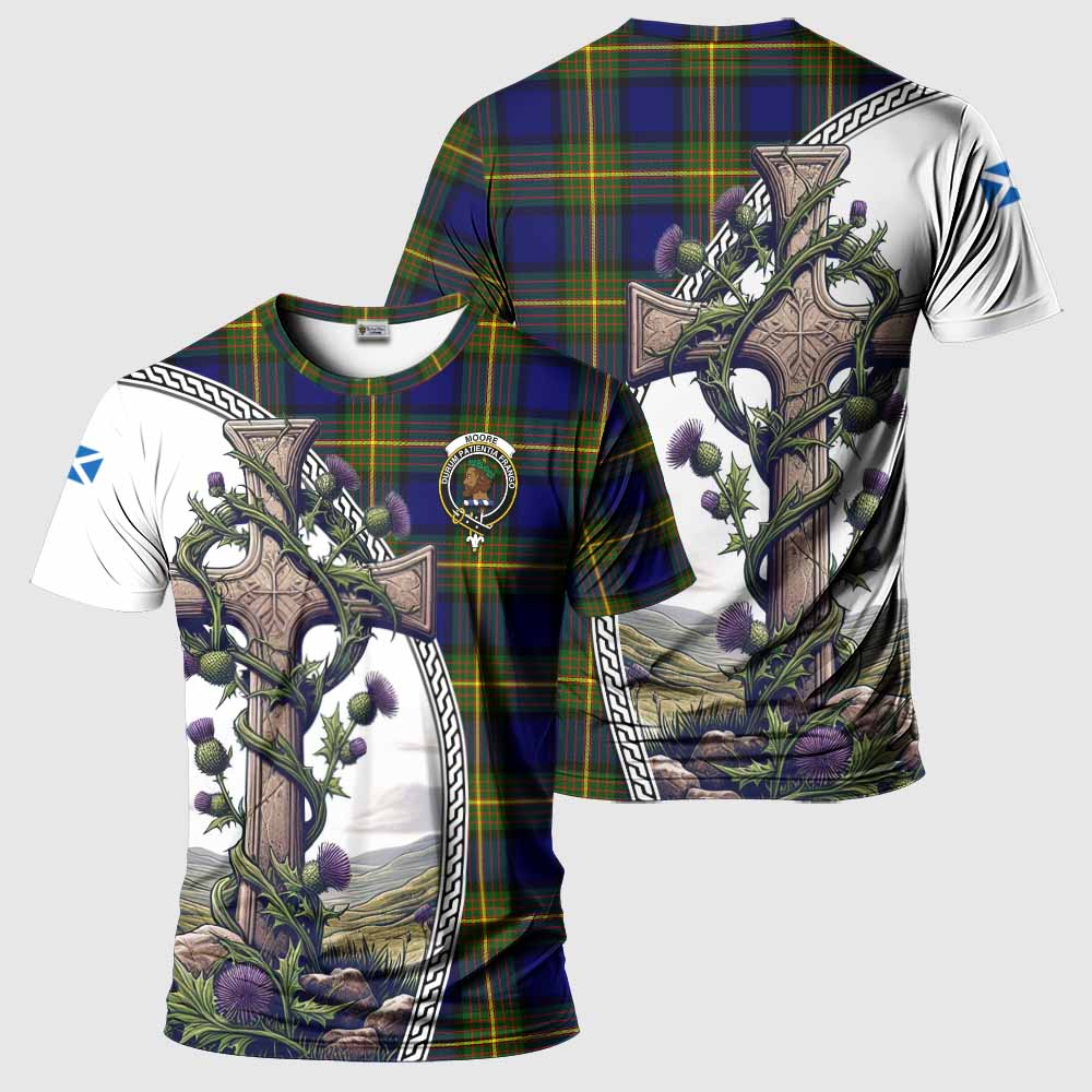 Tartan Vibes Clothing Moore Agnew Tartan T-Shirt with Family Crest and St. Andrew's Cross Accented by Thistle Vines