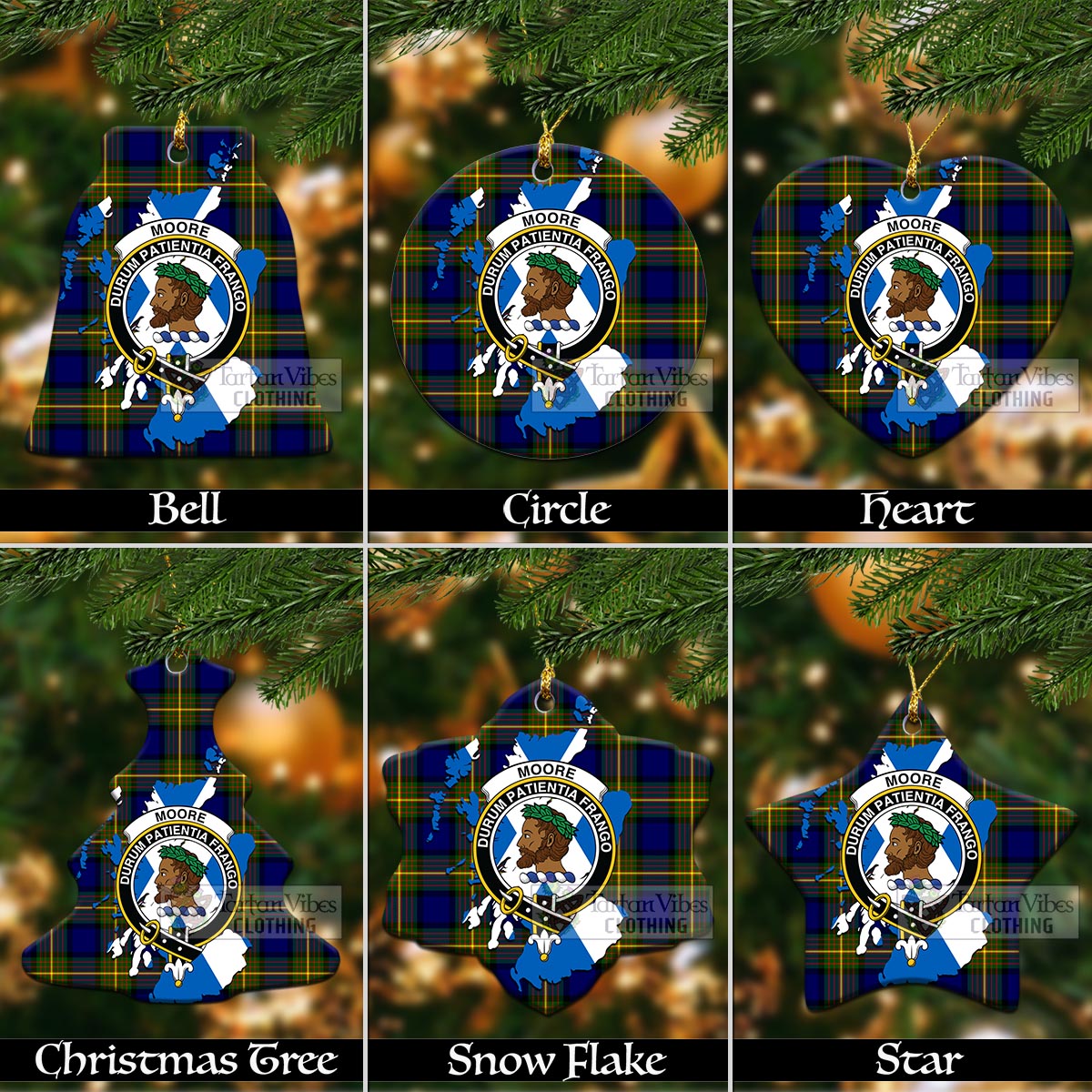 Tartan Vibes Clothing Moore Tartan Christmas Ornament with Family Crest and Scotland Map