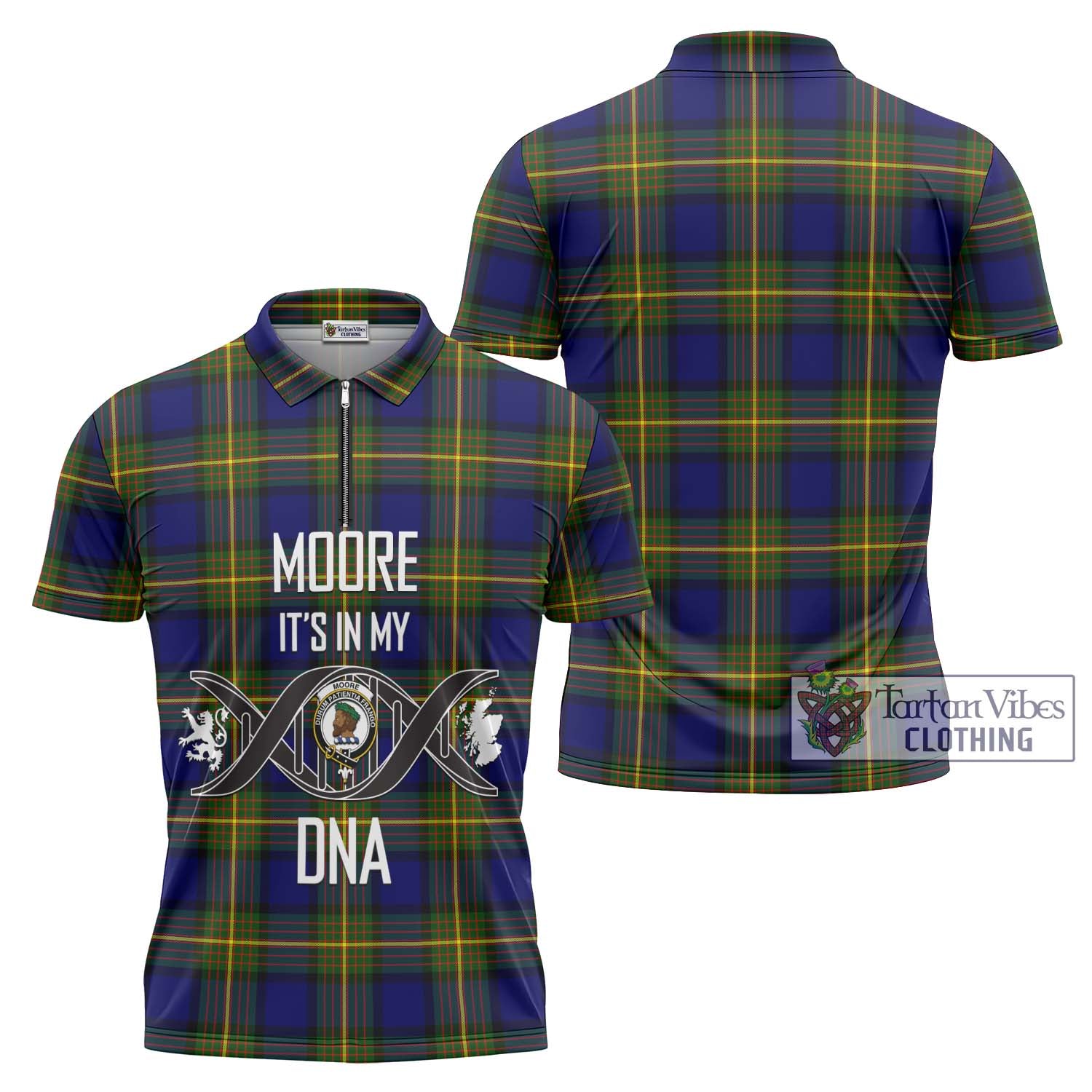 Tartan Vibes Clothing Moore Tartan Zipper Polo Shirt with Family Crest DNA In Me Style