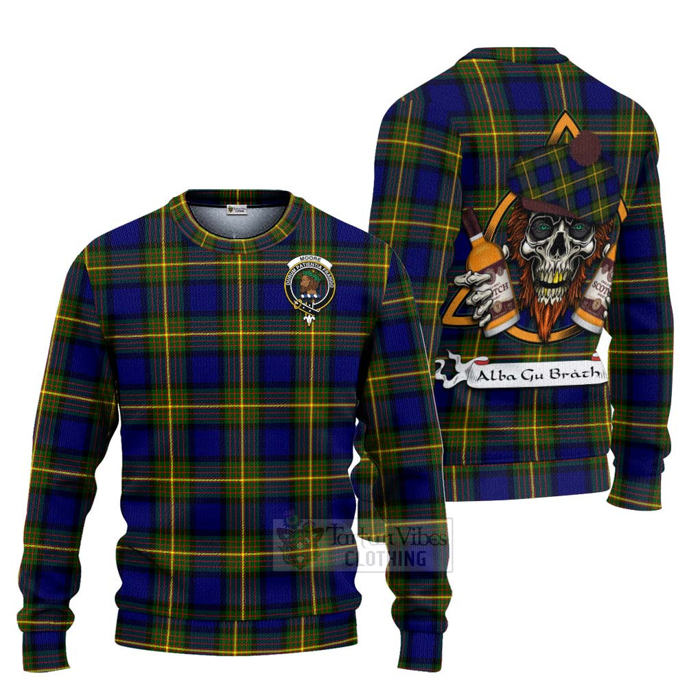 Tartan Vibes Clothing Moore Tartan Knitted Sweater with Family Crest and Bearded Skull Holding Bottles of Whiskey