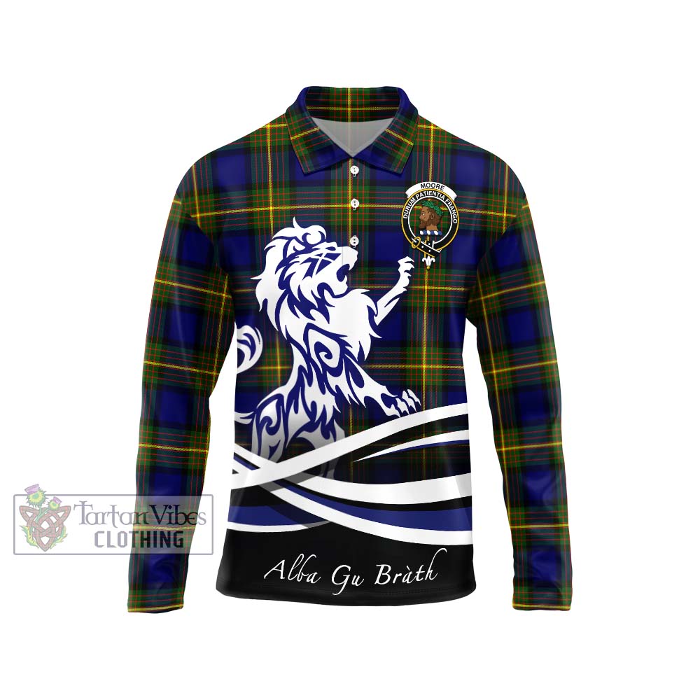 Tartan Vibes Clothing Moore Tartan Long Sleeve Polo Shirt with Alba Gu Brath Regal Lion Emblem