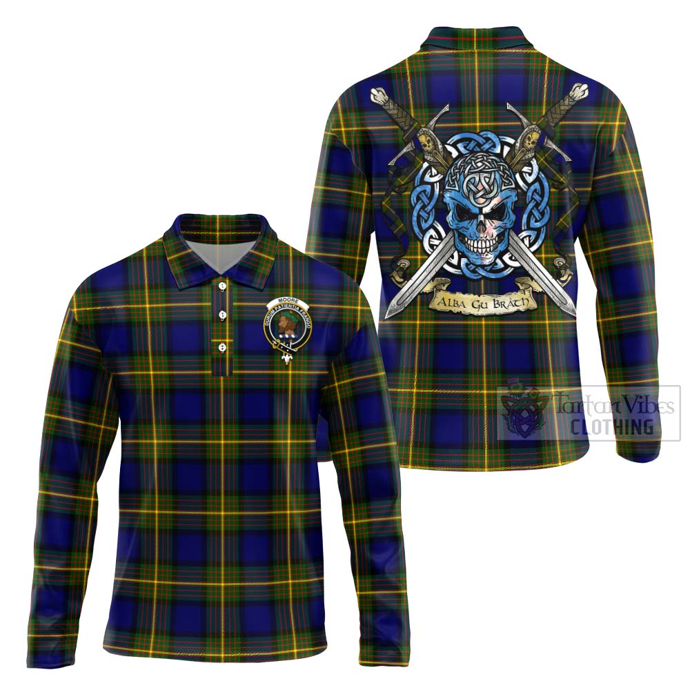 Tartan Vibes Clothing Moore Tartan Long Sleeve Polo Shirt with Family Crest Celtic Skull Style