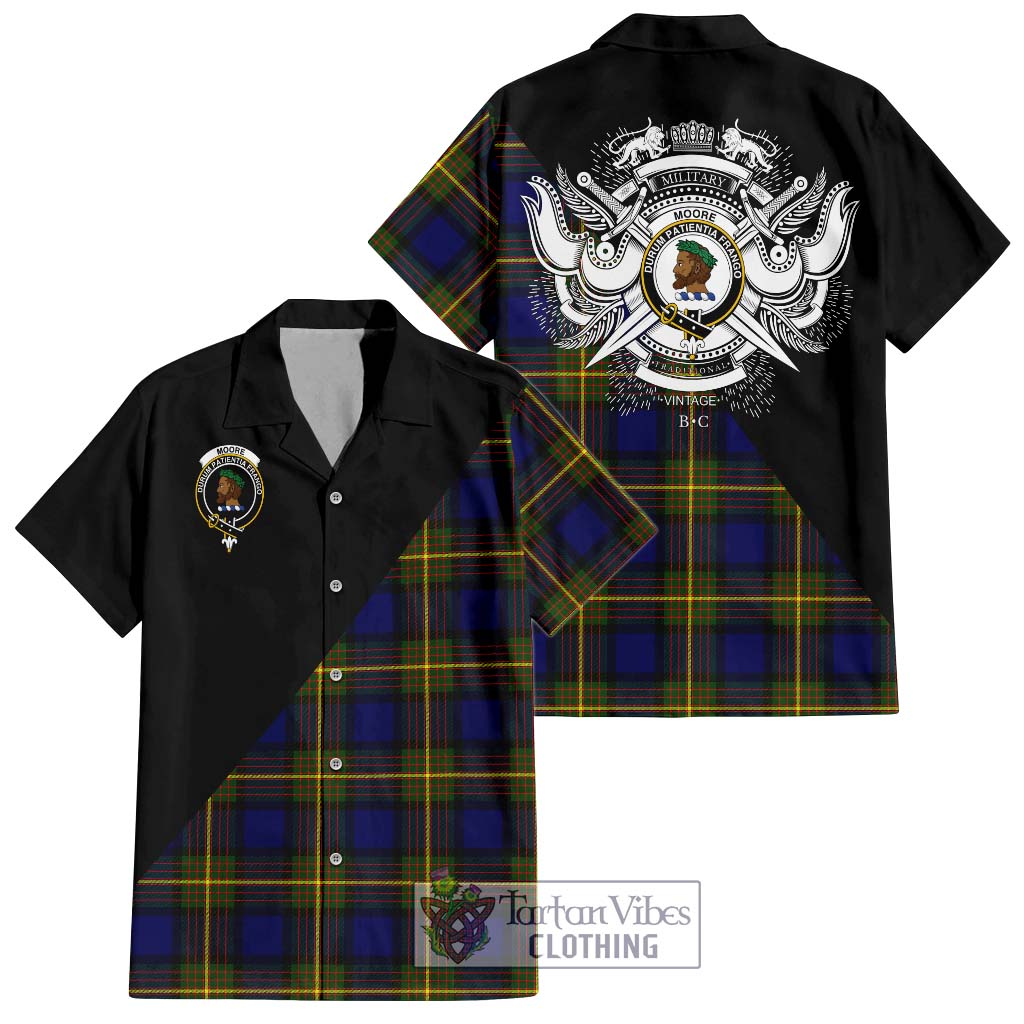 Tartan Vibes Clothing Moore Tartan Short Sleeve Button Shirt with Family Crest and Military Logo Style