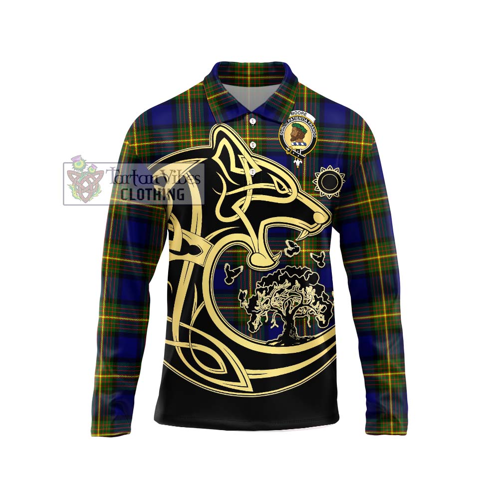 Tartan Vibes Clothing Moore Tartan Long Sleeve Polo Shirt with Family Crest Celtic Wolf Style