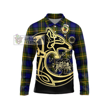 Moore Tartan Long Sleeve Polo Shirt with Family Crest Celtic Wolf Style