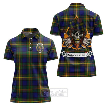 Moore Tartan Women's Polo Shirt with Family Crest and Bearded Skull Holding Bottles of Whiskey