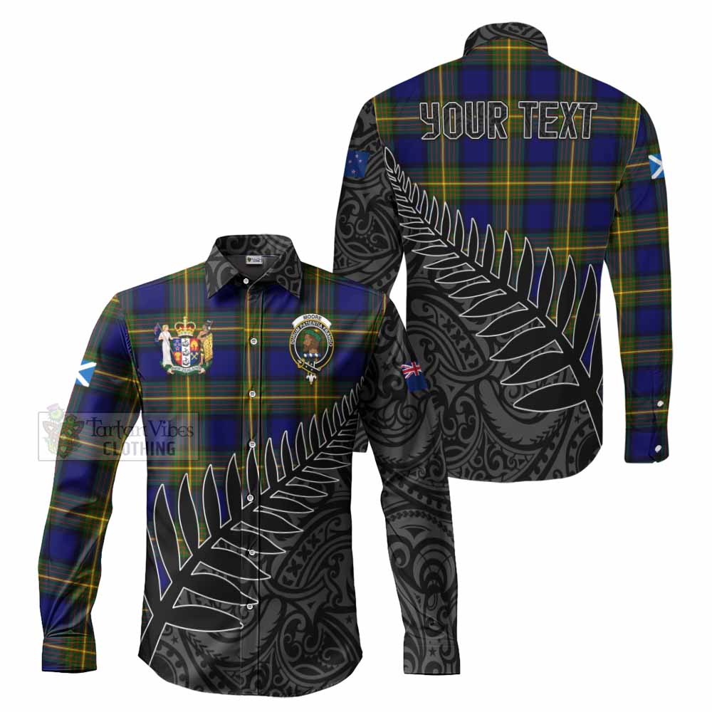 Tartan Vibes Clothing Moore Crest Tartan Long Sleeve Button Shirt with New Zealand Silver Fern Half Style