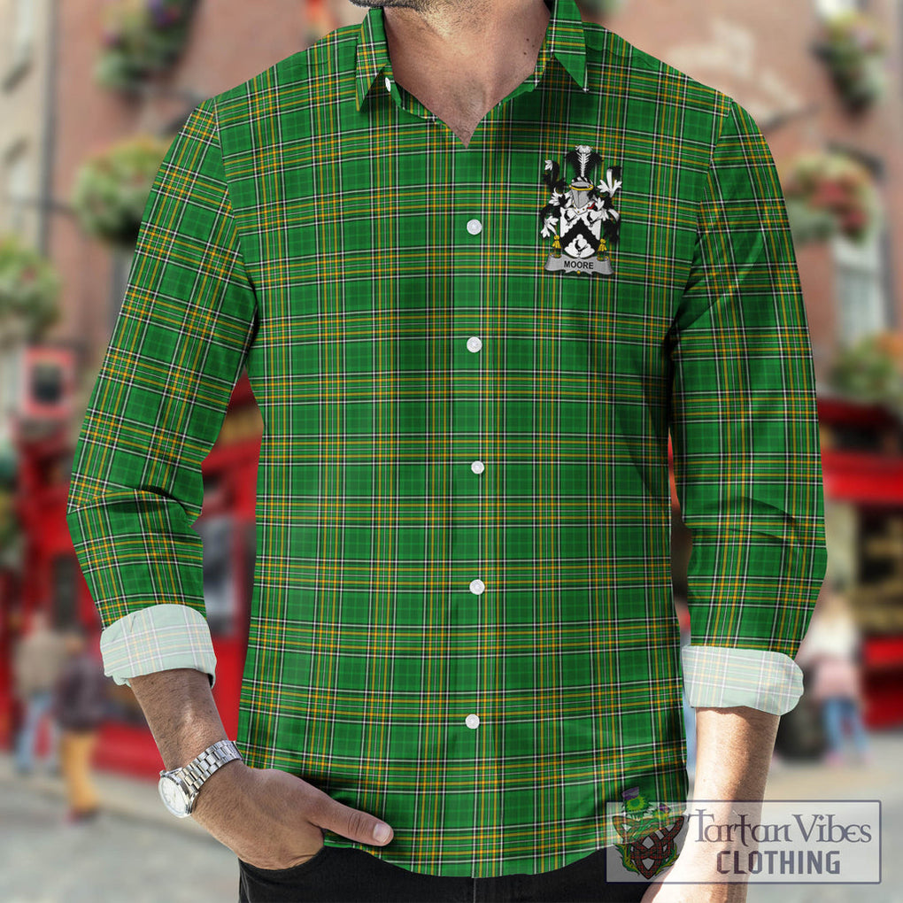 Tartan Vibes Clothing Moore Ireland Clan Tartan Long Sleeve Button Up with Coat of Arms