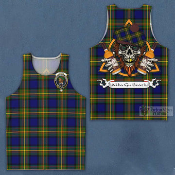 Moore Tartan Men's Tank Top with Family Crest and Bearded Skull Holding Bottles of Whiskey