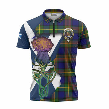 Moore Tartan Family Crest Zipper Polo Shirt Scottish Thistle Celtic Inspired Unisex - Tartan Vibes Clothing