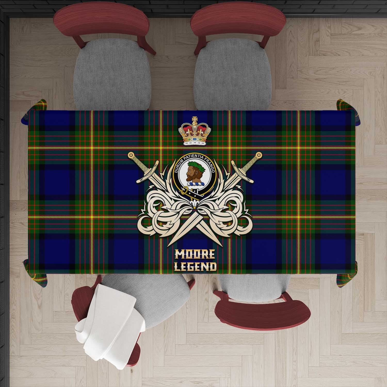 Tartan Vibes Clothing Moore Tartan Tablecloth with Clan Crest and the Golden Sword of Courageous Legacy