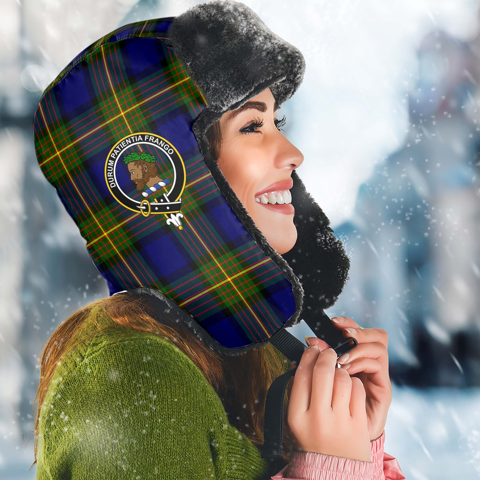 Moore Tartan Winter Trapper Hat with Family Crest Winter Trapper Hat Universal Fit Circumference 22.8in (58cm) - Tartanvibesclothing