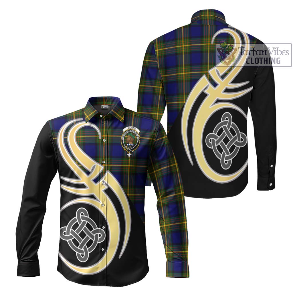 Moore Tartan Long Sleeve Button Shirt with Family Crest and Celtic Symbol Style Men's Shirt S - Tartan Vibes Clothing