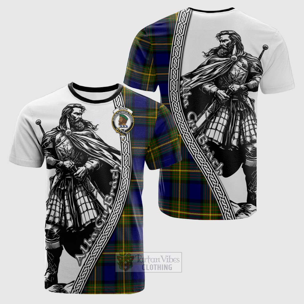 Tartan Vibes Clothing Moore Tartan Clan Crest Cotton T-shirt with Highlander Warrior Celtic Style