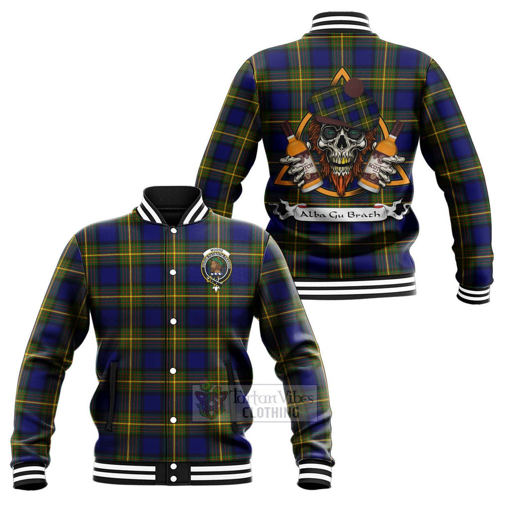 Tartan Vibes Clothing Moore Tartan Baseball Jacket with Family Crest and Bearded Skull Holding Bottles of Whiskey