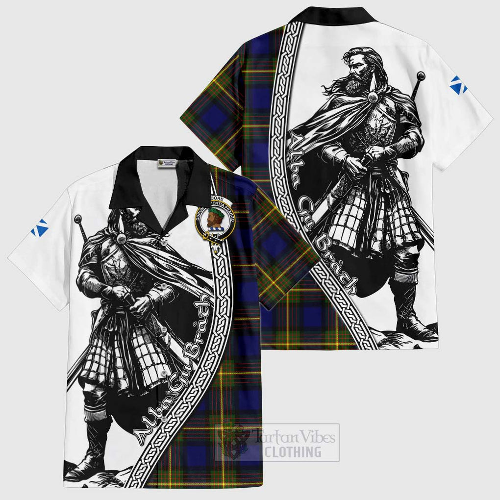 Tartan Vibes Clothing Moore Tartan Clan Crest Short Sleeve Button Shirt with Highlander Warrior Celtic Style