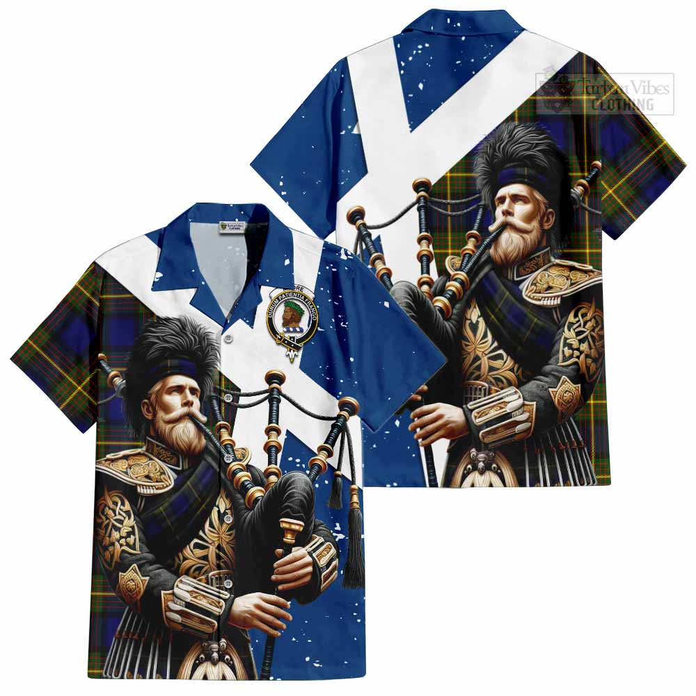 Tartan Vibes Clothing Moore Tartan Short Sleeve Button Shirt with Family Crest Scottish Bagpiper Vibes