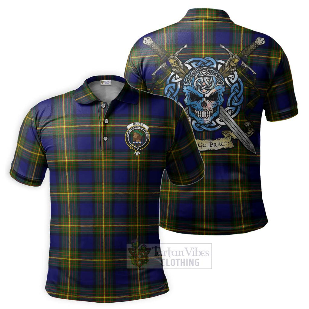 Tartan Vibes Clothing Moore Tartan Polo Shirt with Family Crest Celtic Skull Style