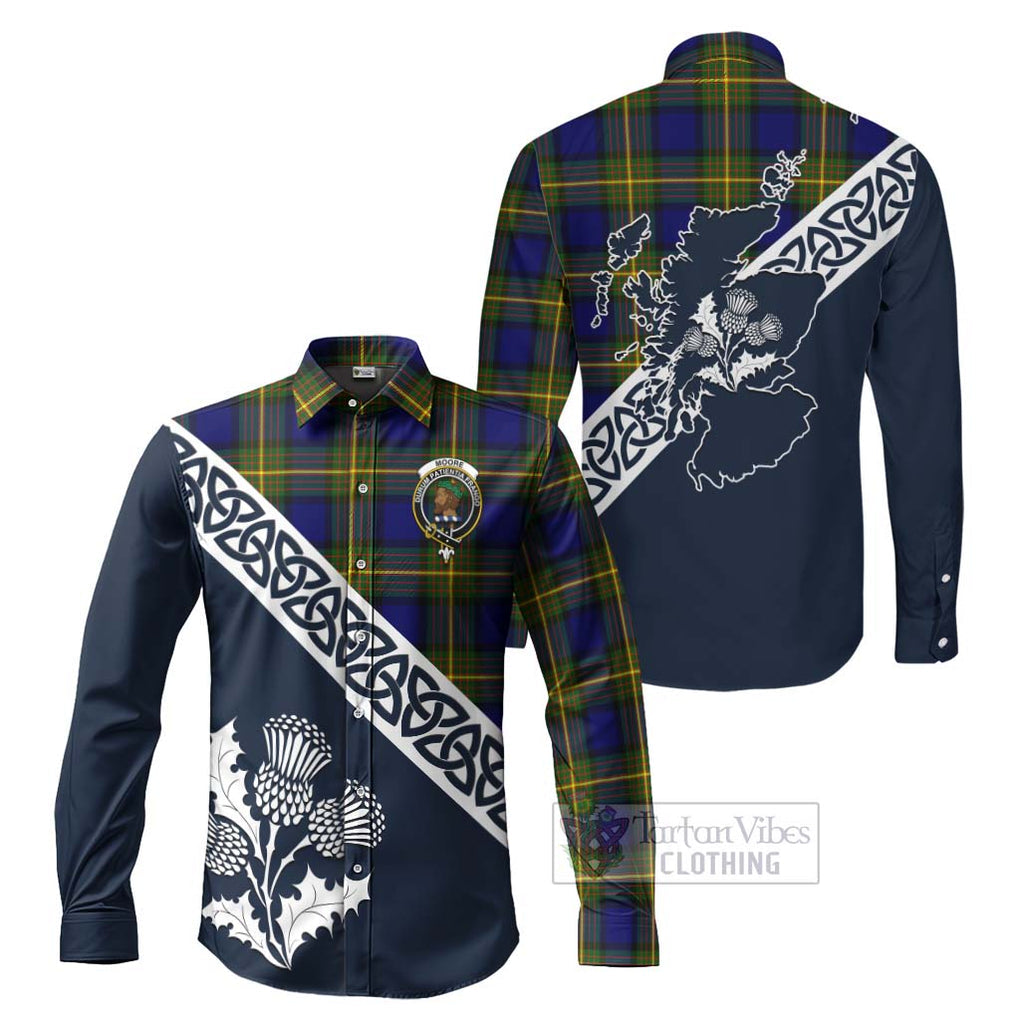 Tartan Vibes Clothing Moore Tartan Long Sleeve Button Shirt Featuring Thistle and Scotland Map