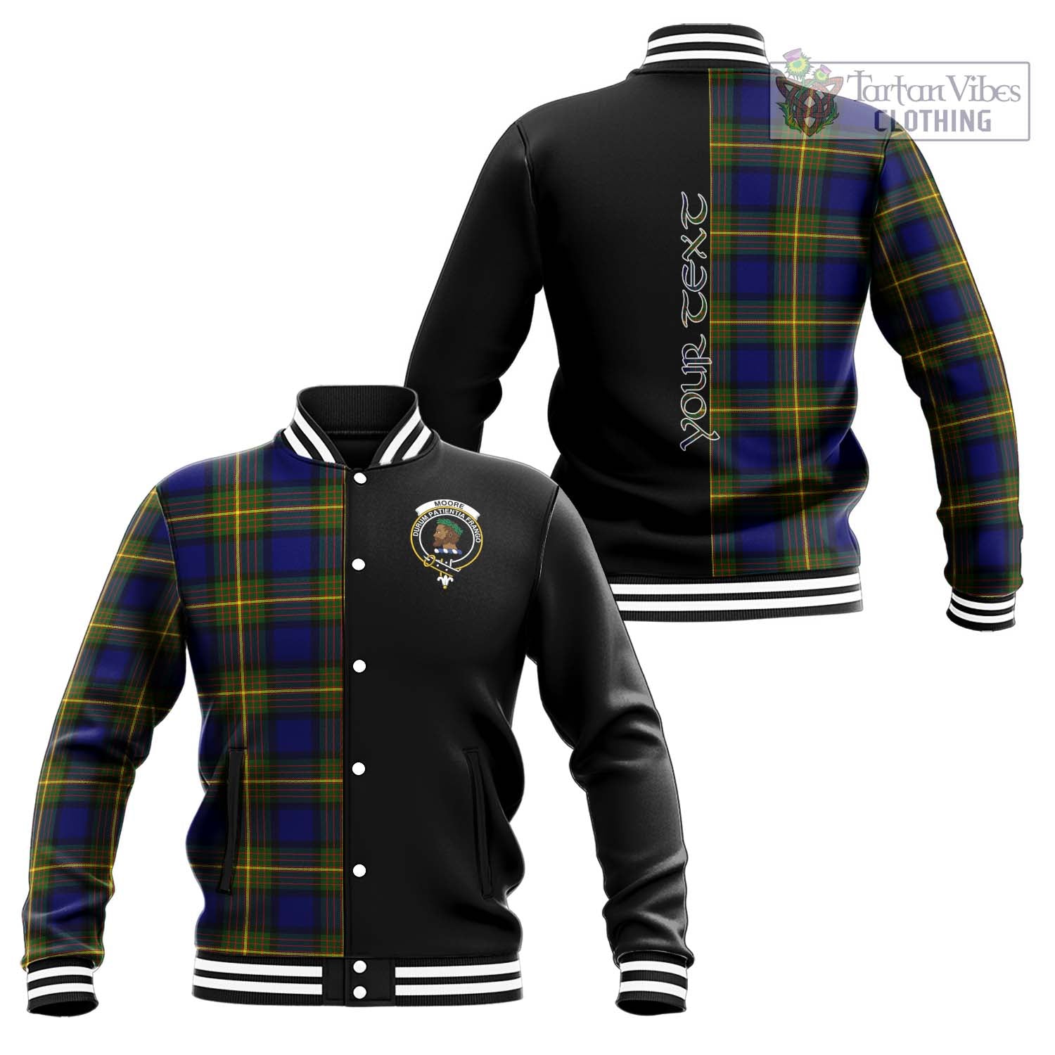 Tartan Vibes Clothing Moore Tartan Baseball Jacket with Family Crest and Half Of Me Style