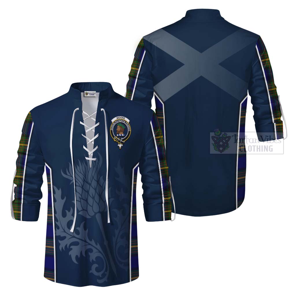 Tartan Vibes Clothing Moore Tartan Ghillie Kilt Shirt with Family Crest and Scottish Thistle Vibes Sport Style