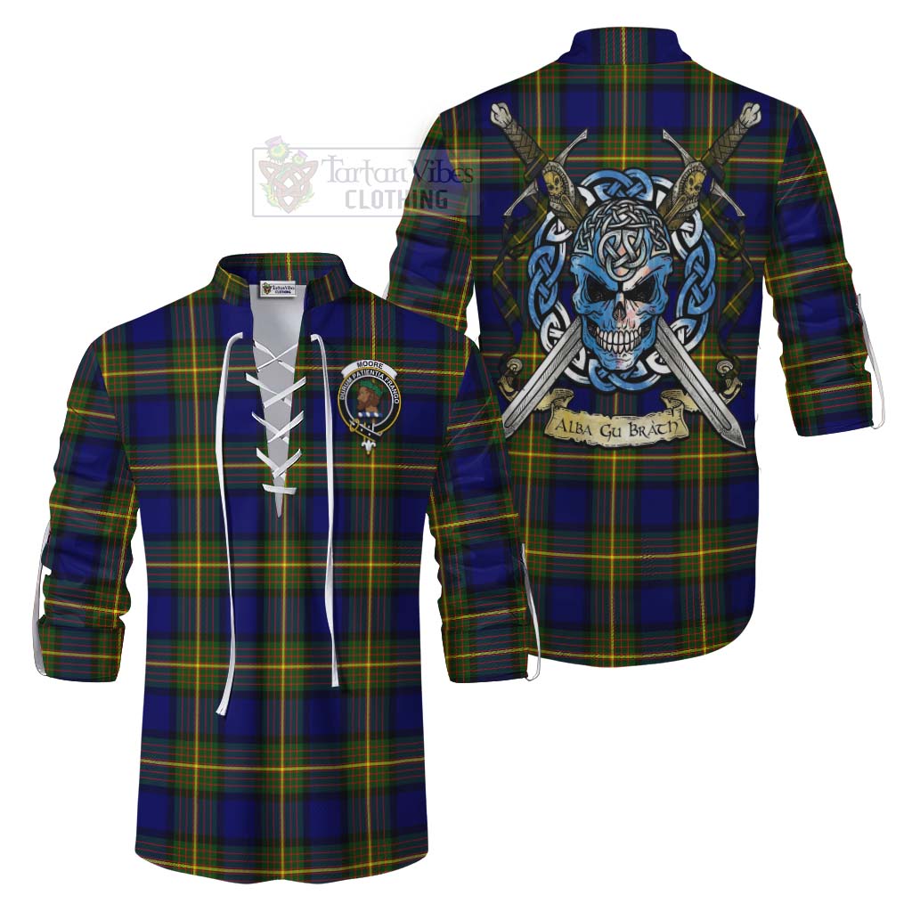 Tartan Vibes Clothing Moore Tartan Ghillie Kilt Shirt with Family Crest Celtic Skull Style