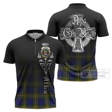 Moore Tartan Zipper Polo Shirt Featuring Alba Gu Brath Family Crest Celtic Inspired