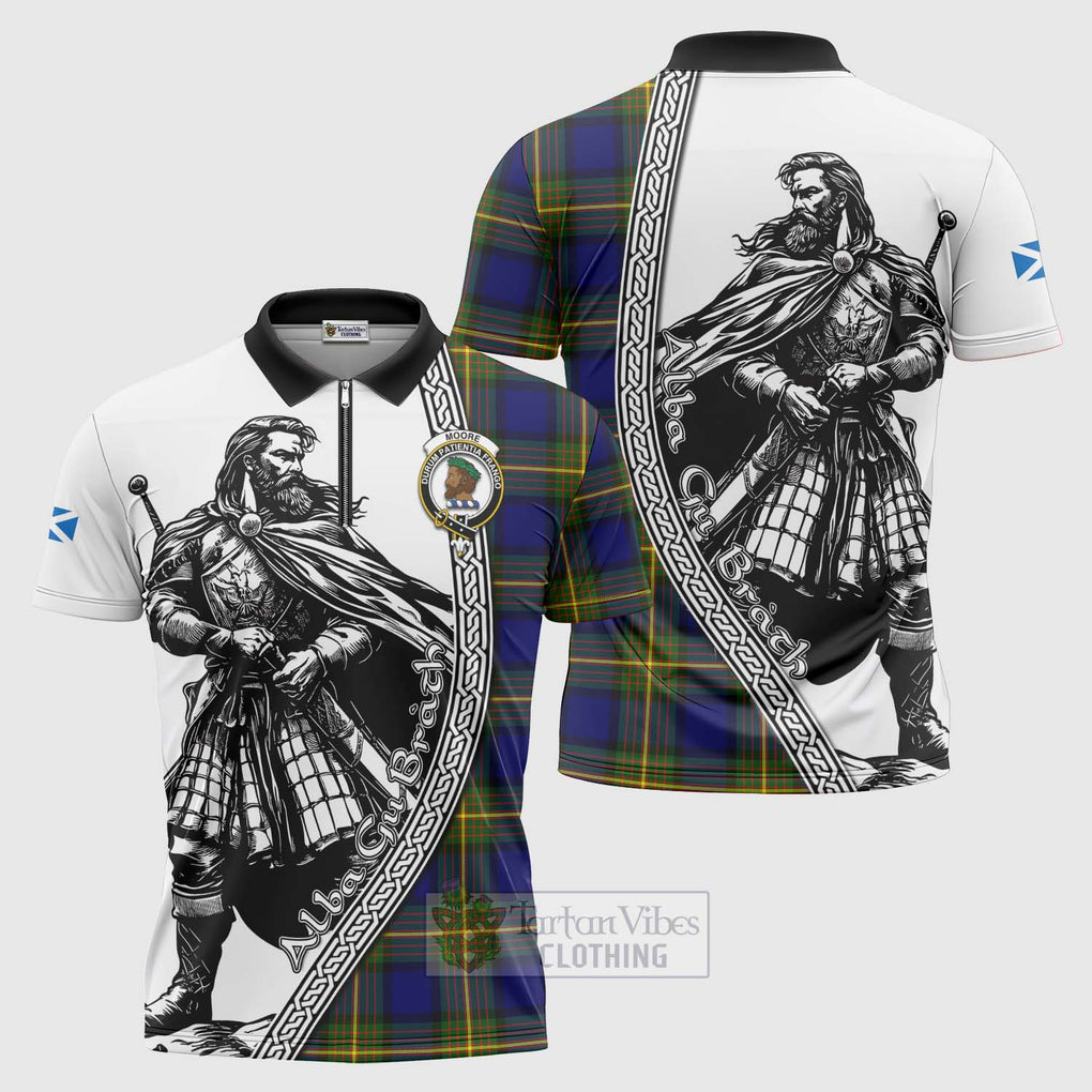 Tartan Vibes Clothing Moore Tartan Clan Crest Zipper Polo Shirt with Highlander Warrior Celtic Style